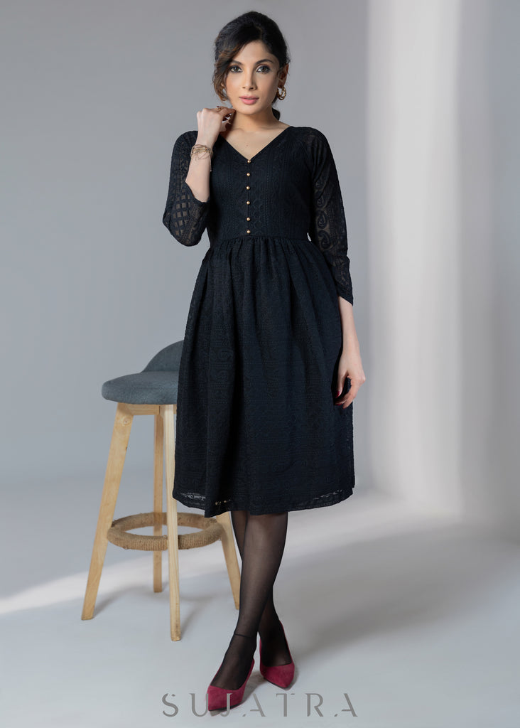 Black embroidered elbow sleeves dress with gold buttons