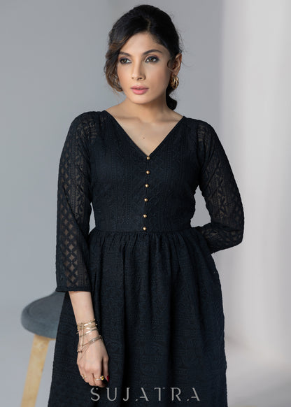 Black embroidered elbow sleeves dress with gold buttons
