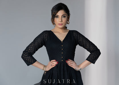 Black embroidered elbow sleeves dress with gold buttons