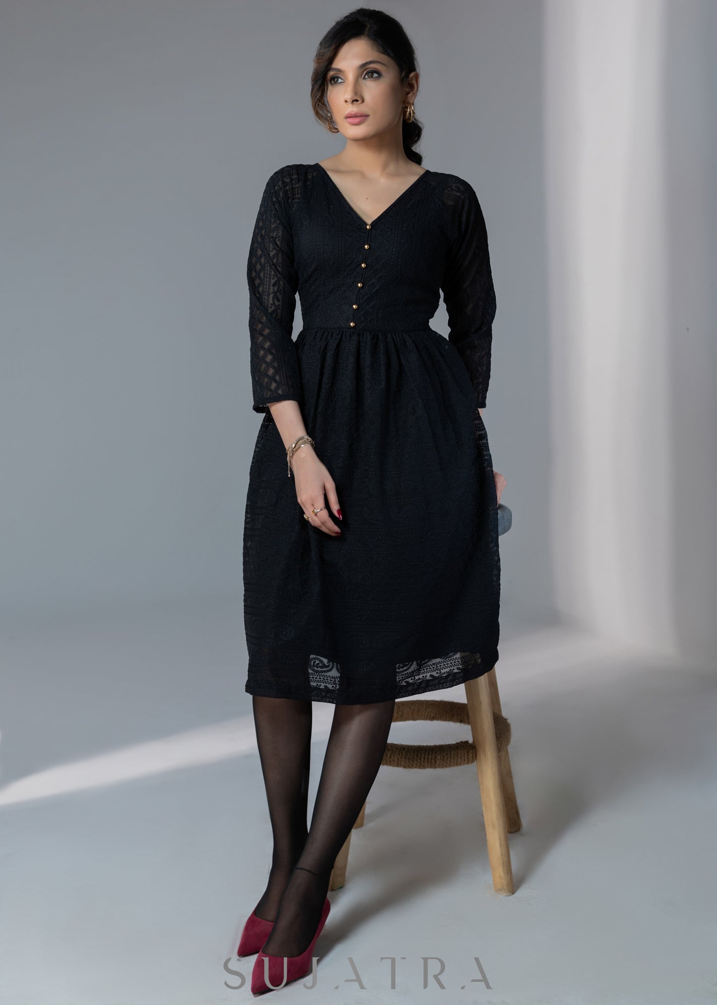 Black embroidered elbow sleeves dress with gold buttons