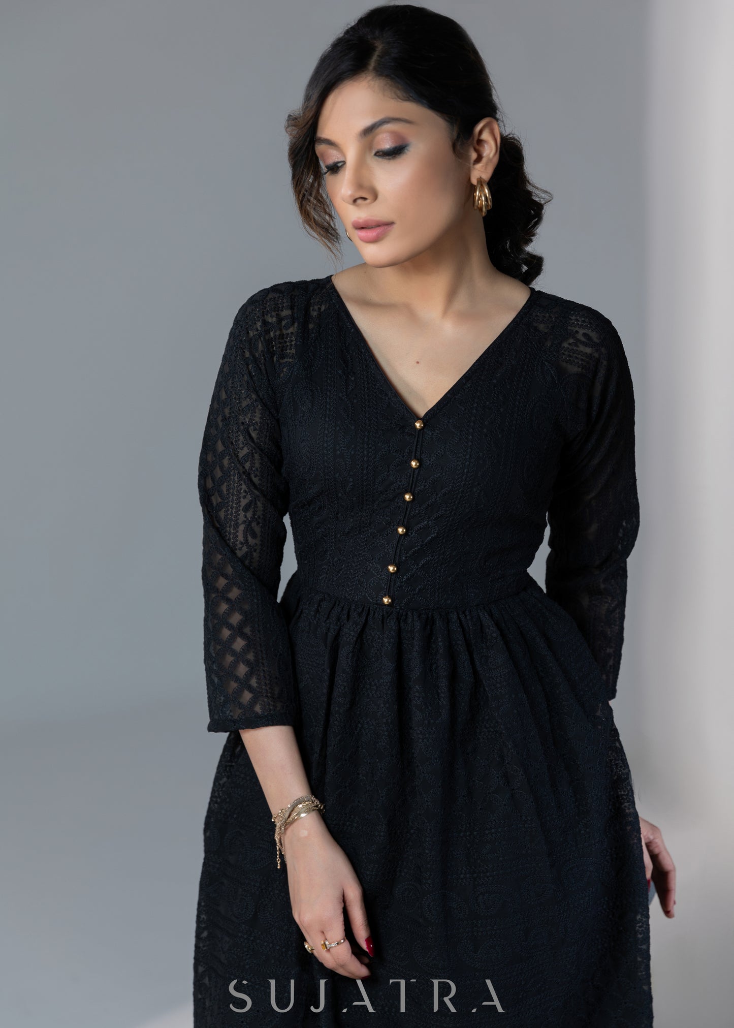 Black embroidered elbow sleeves dress with gold buttons