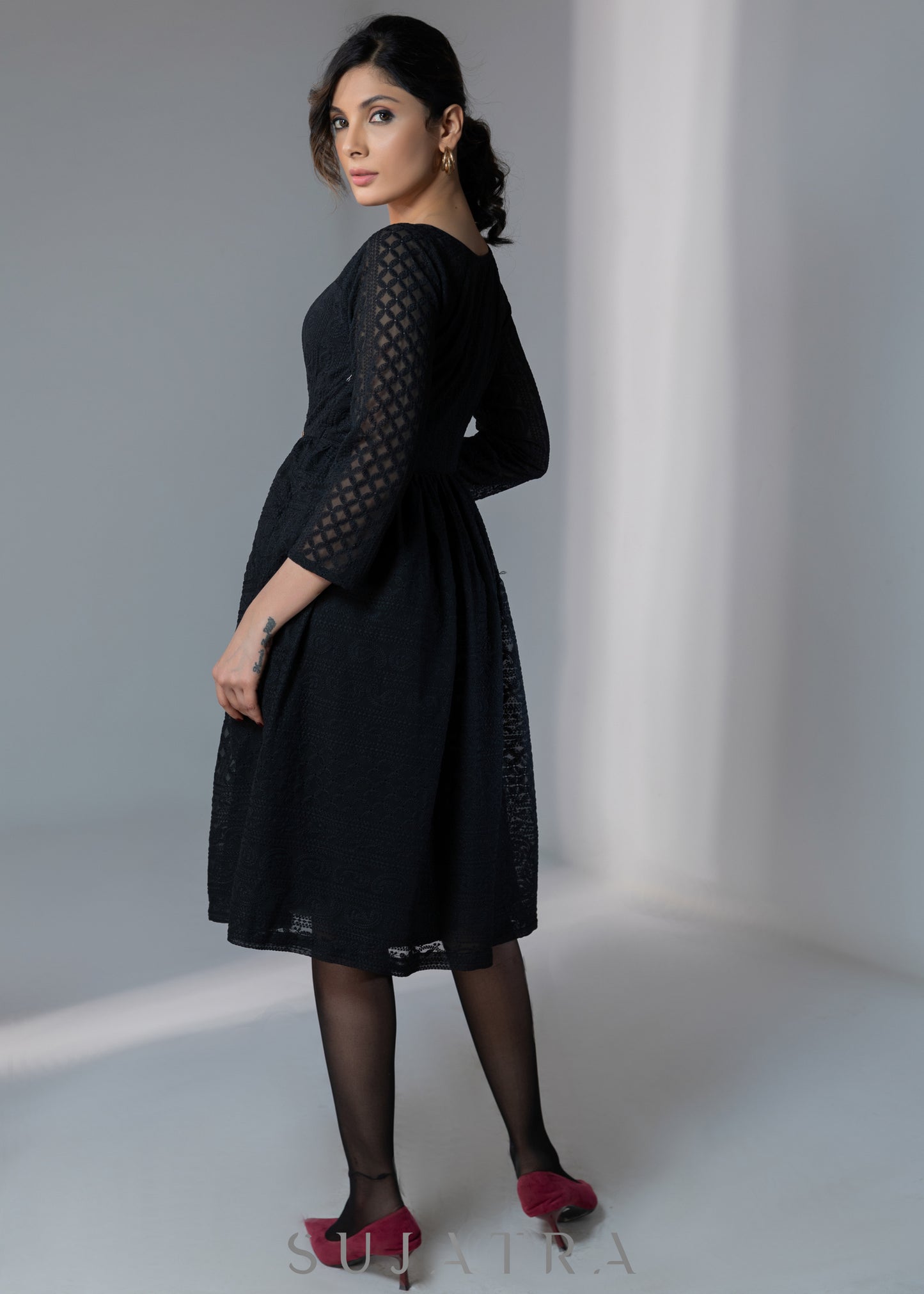 Black embroidered elbow sleeves dress with gold buttons