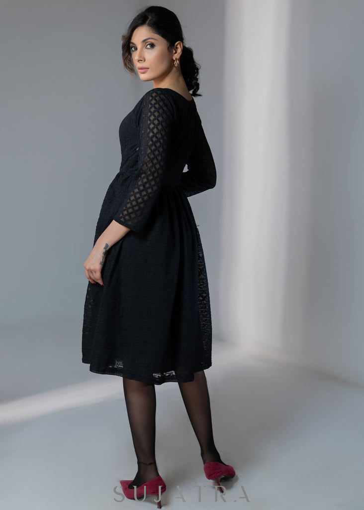 Black embroidered elbow sleeves dress with gold buttons