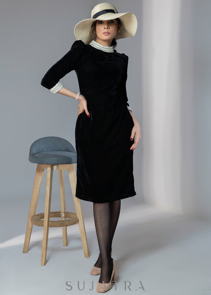 Beautiful black velvet dress with off-white lace work on neck & sleeves