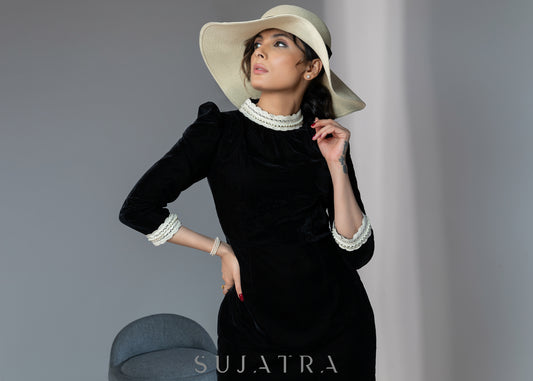 Beautiful black velvet dress with off-white lace work on neck & sleeves