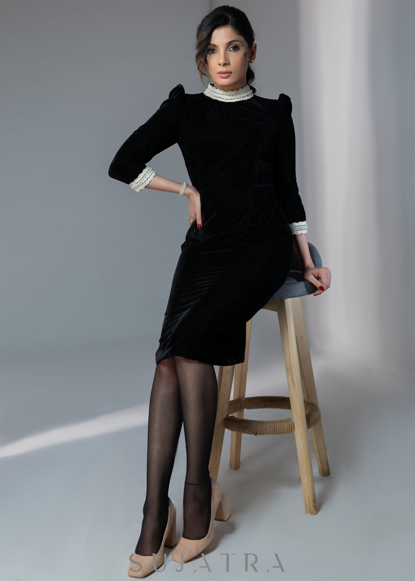 Beautiful black velvet dress with off-white lace work on neck & sleeves