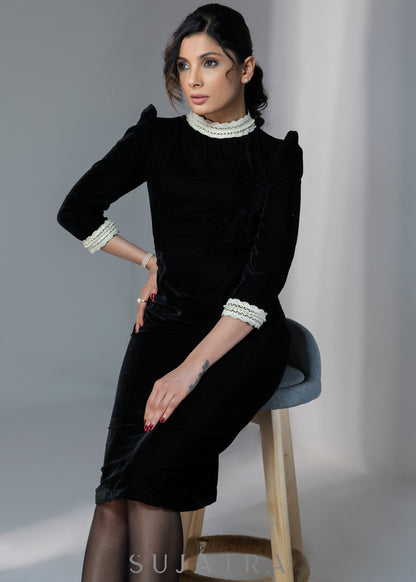 Beautiful black velvet dress with off-white lace work on neck & sleeves
