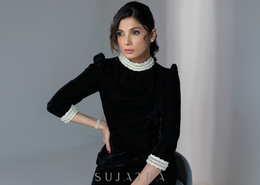 Beautiful black velvet dress with off-white lace work on neck & sleeves