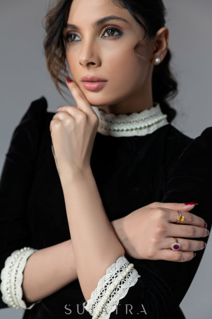 Beautiful black velvet dress with off-white lace work on neck & sleeves