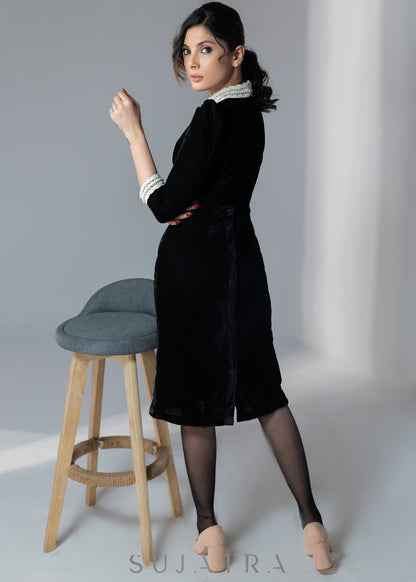 Beautiful black velvet dress with off-white lace work on neck & sleeves