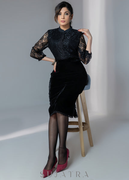 Exclusive evening wear black lace top with optional black velvet skirt