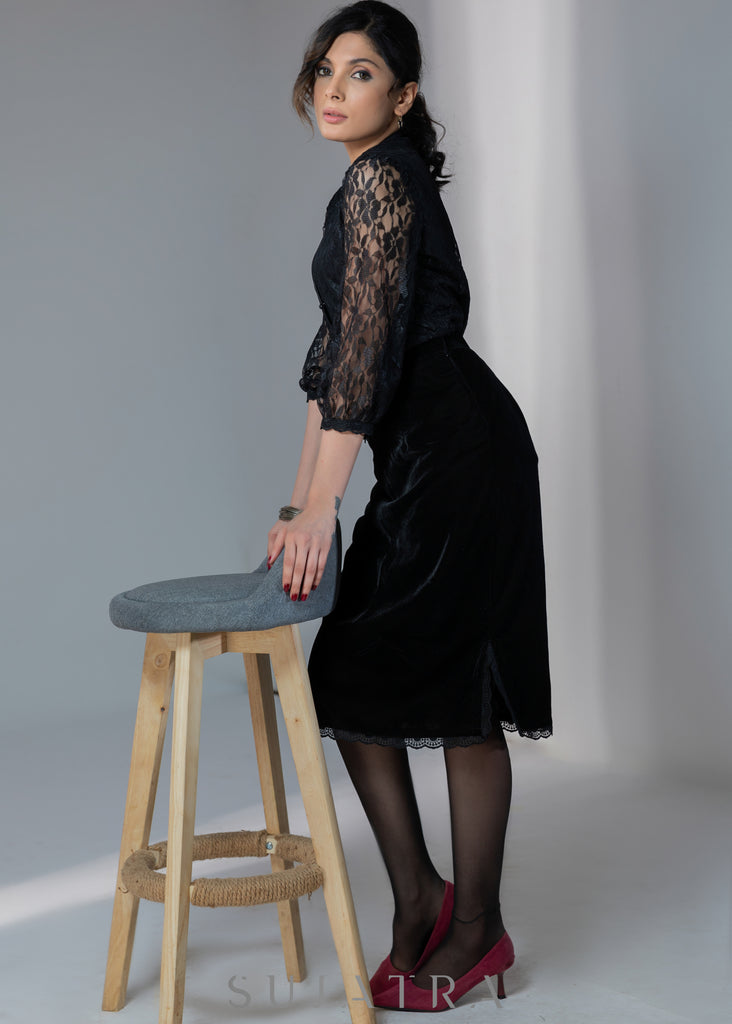 Exclusive evening wear black lace top with optional black velvet skirt