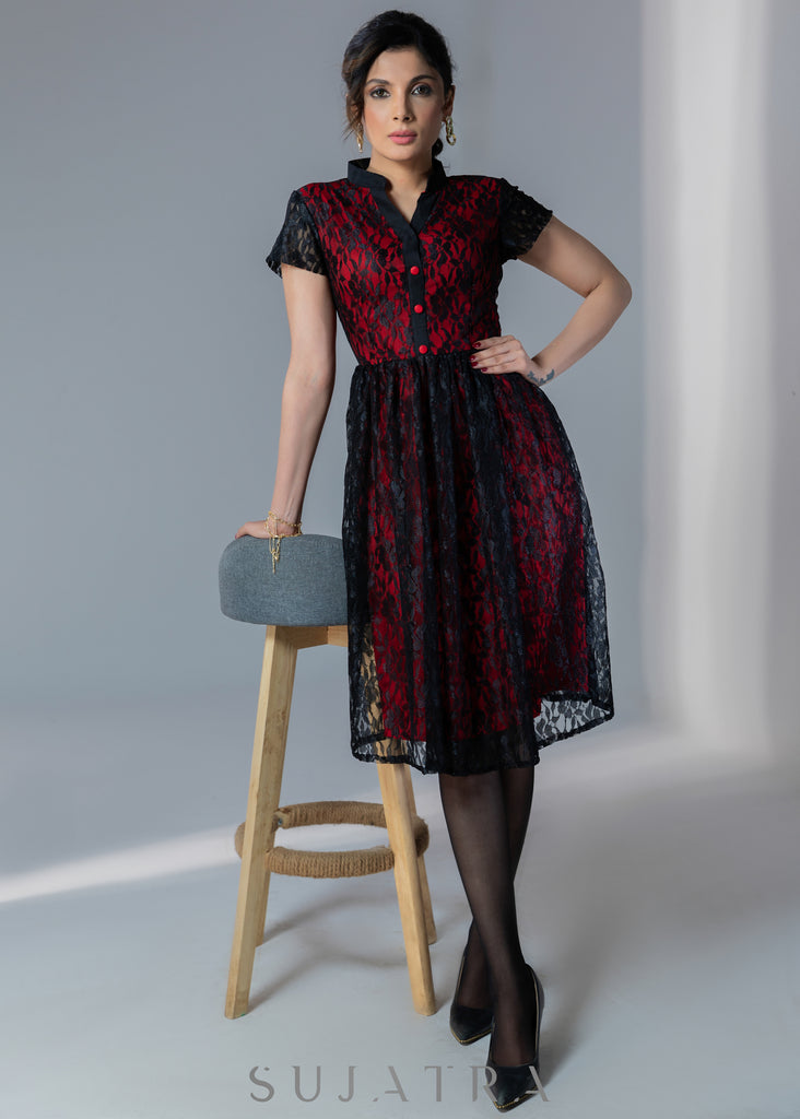 Black lace dress with red lining effect