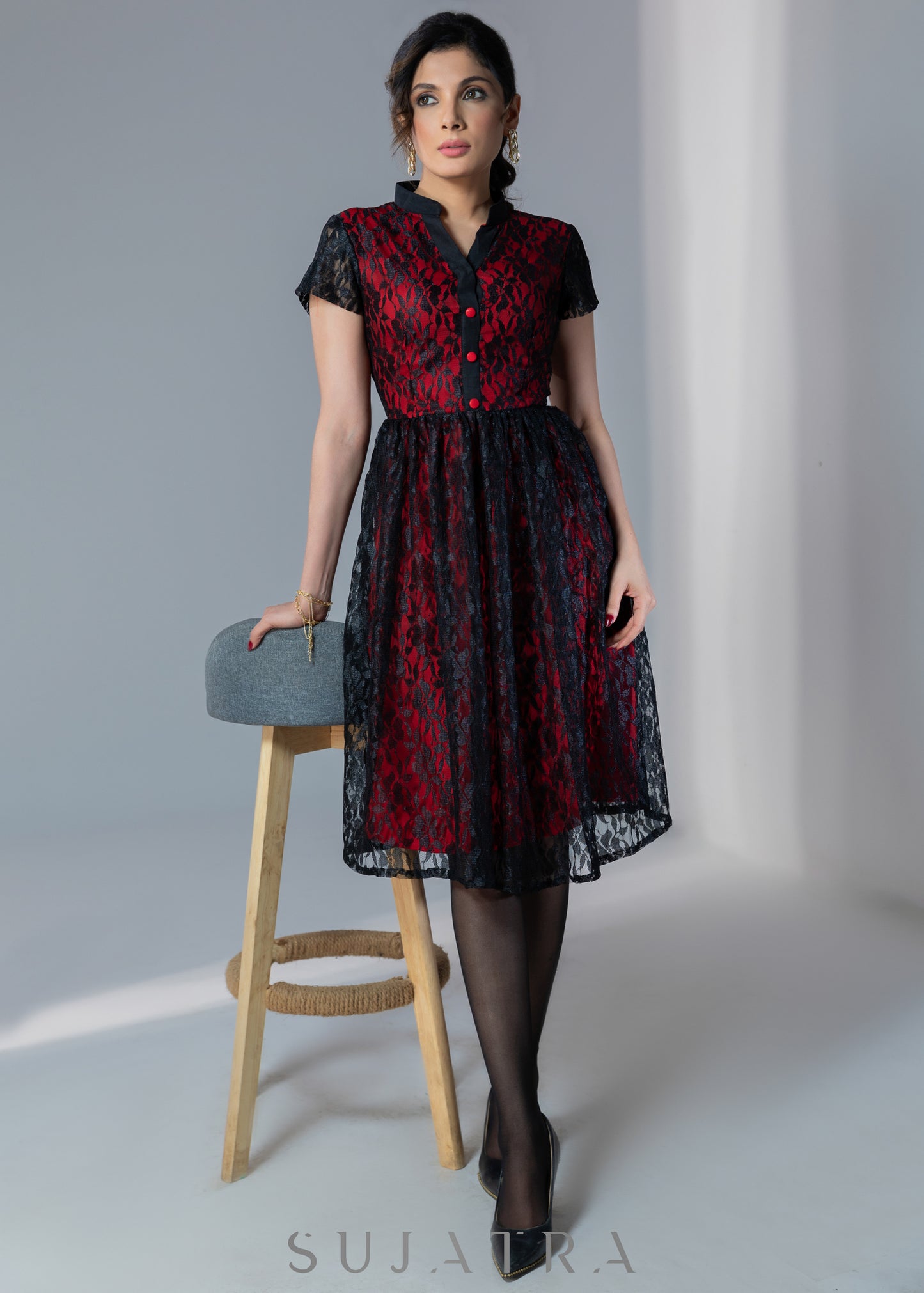 Black lace dress with red lining effect