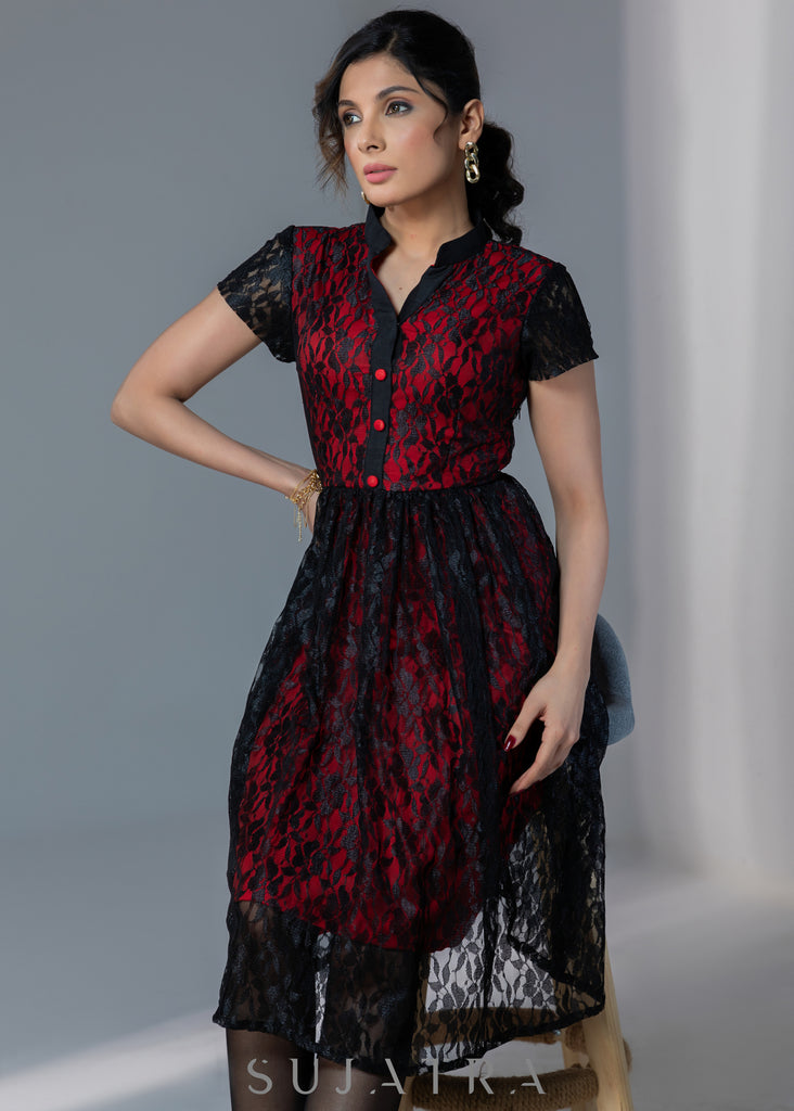 Black lace dress with red lining effect