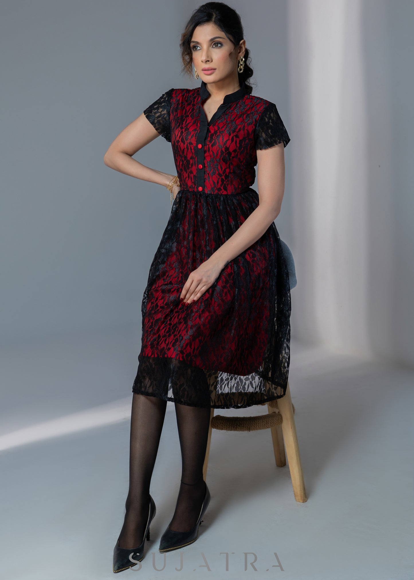 Black lace dress with red lining effect