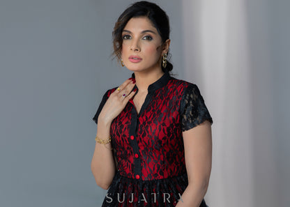 Black lace dress with red lining effect