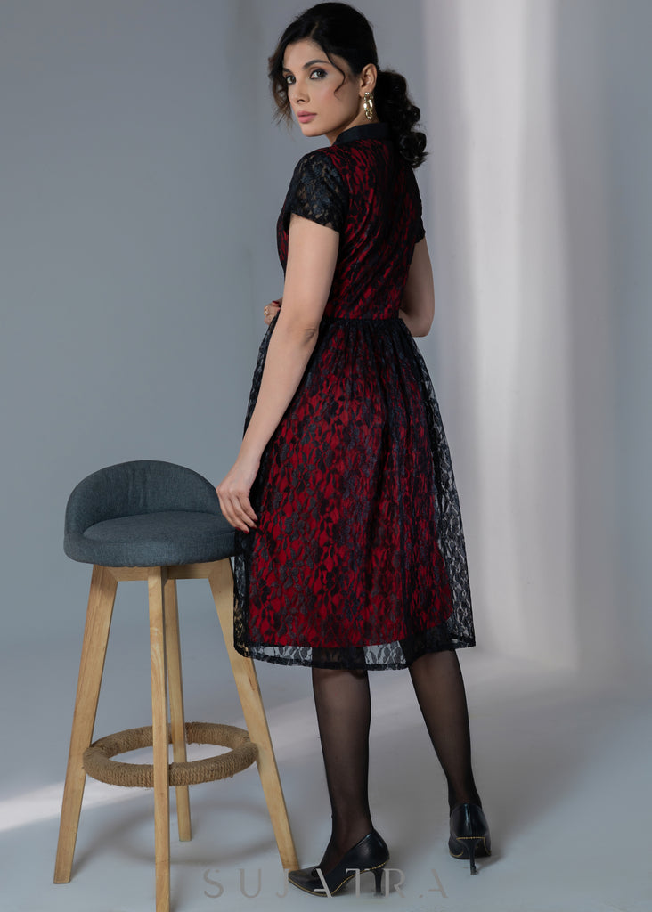 Black lace dress with red lining effect