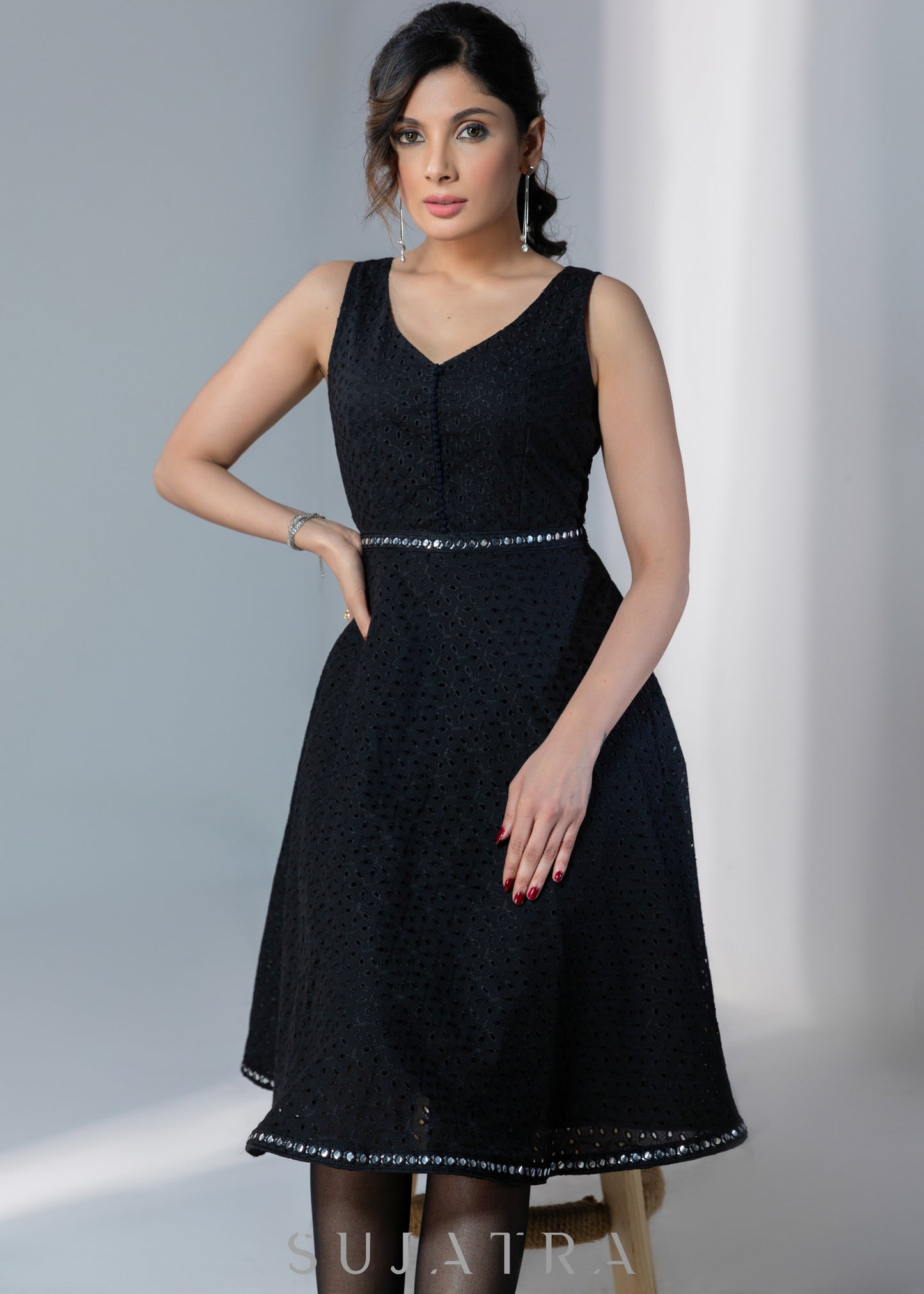 Casual black hakoba sleeveless dress with mirror work border on hem & waist