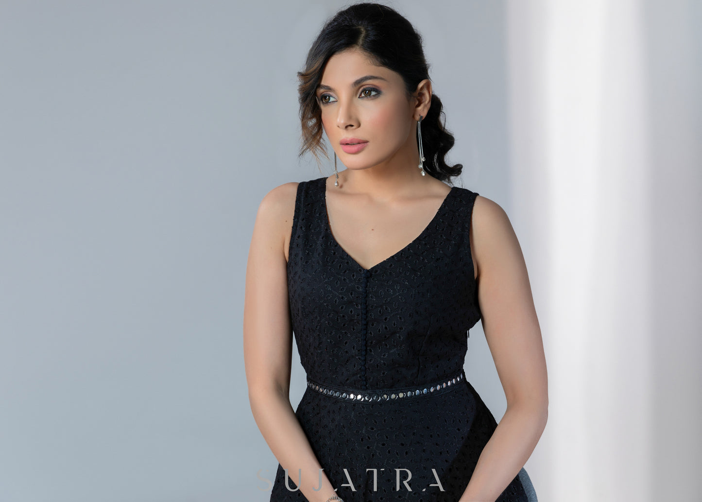 Casual black hakoba sleeveless dress with mirror work border on hem & waist