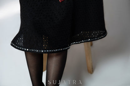 Casual black hakoba sleeveless dress with mirror work border on hem & waist