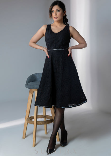 Casual black hakoba sleeveless dress with mirror work border on hem & waist