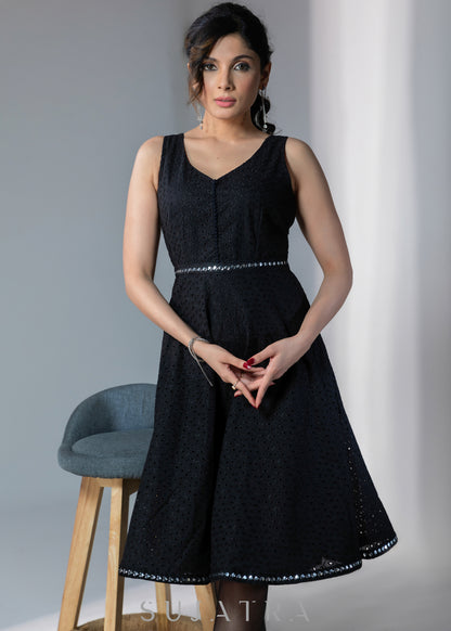 Casual black hakoba sleeveless dress with mirror work border on hem & waist