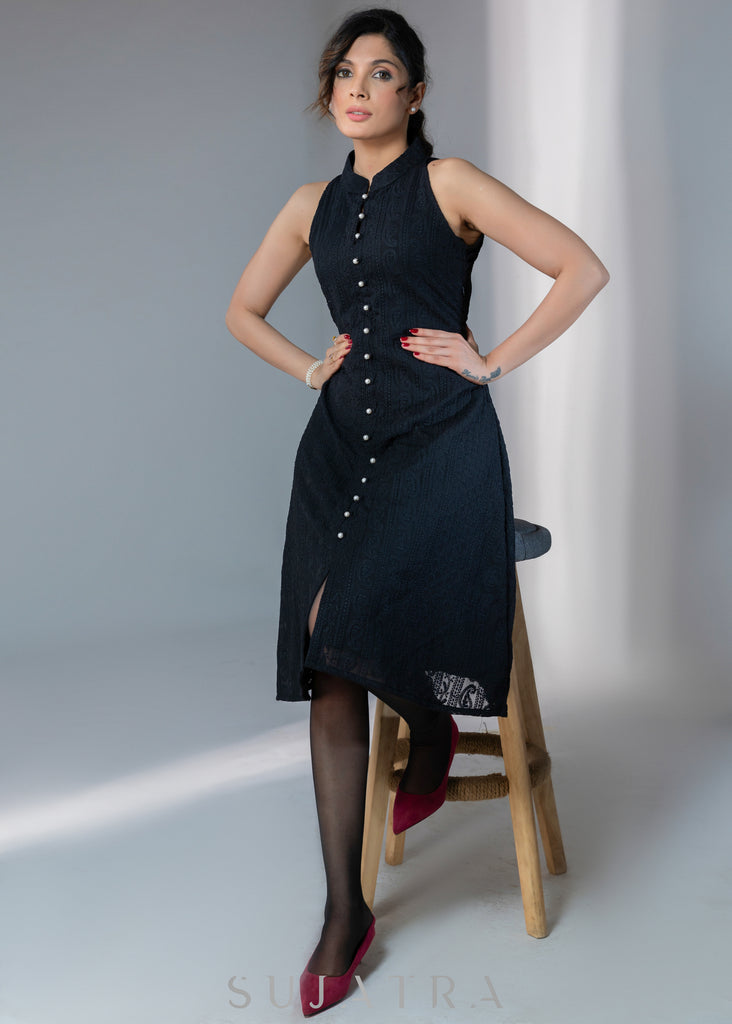 Smart Black embroidered halter dress with pearl buttons