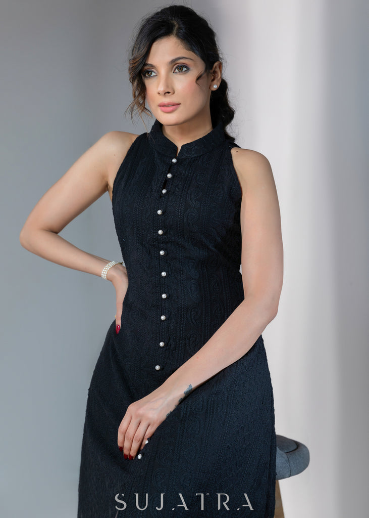Smart Black embroidered halter dress with pearl buttons