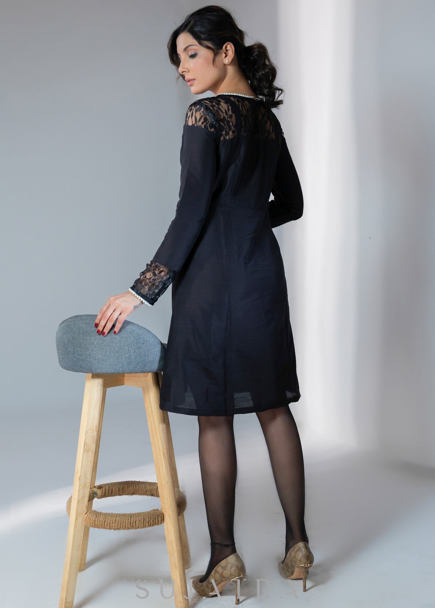 Beautiful black dress with lace yoke & beaded lace