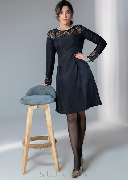 Beautiful black dress with lace yoke & beaded lace