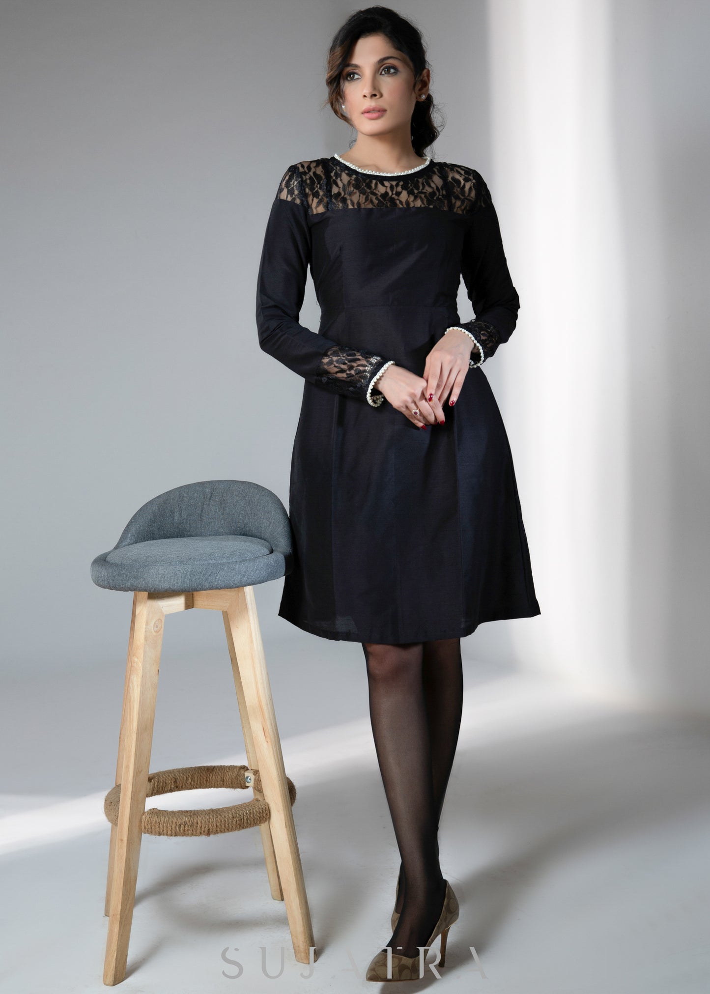 Beautiful black dress with lace yoke & beaded lace
