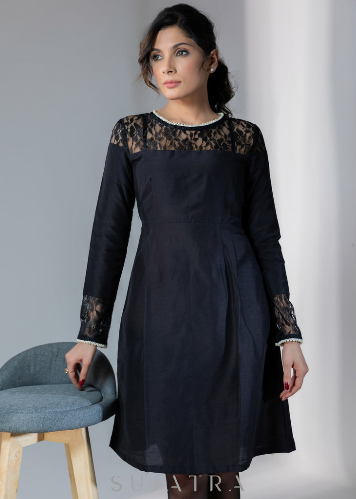 Beautiful black dress with lace yoke & beaded lace