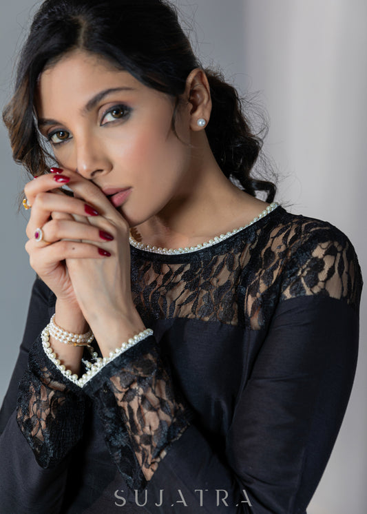 Beautiful black dress with lace yoke & beaded lace