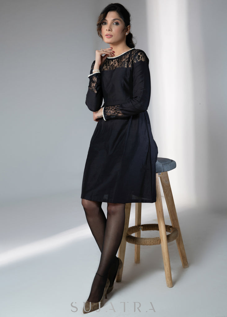 Beautiful black dress with lace yoke & beaded lace
