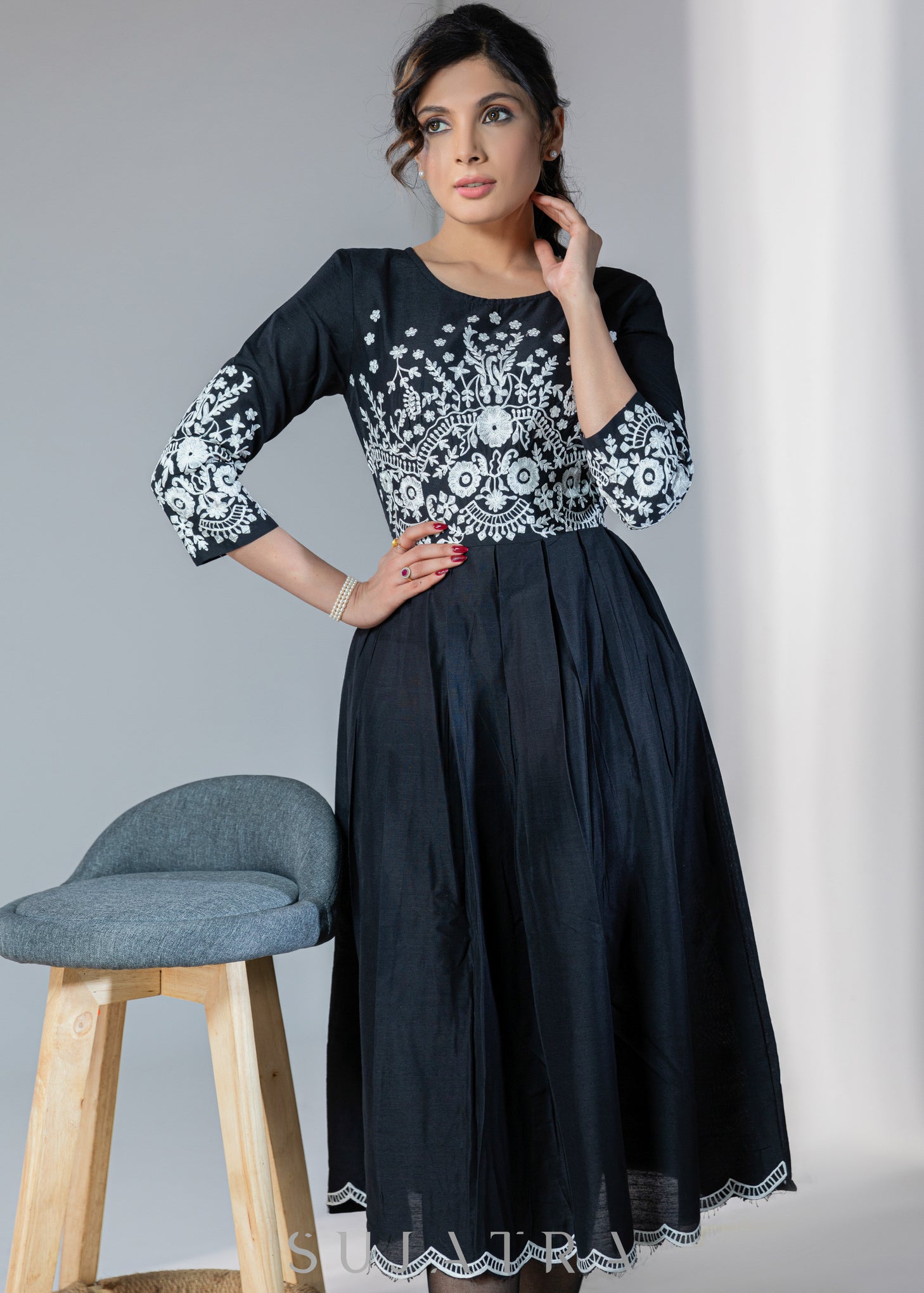 black dress with white embroidery Textured Embroidered Midaxi Striking floral embroidery Victorian-Inspired Black and White Gothic