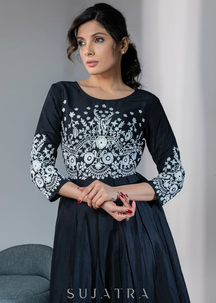 Stylish Black dress with off-white embroidery