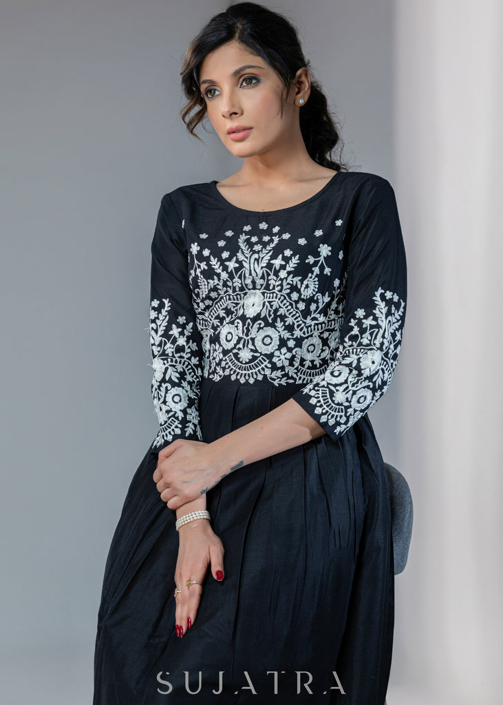 Stylish Black dress with off-white embroidery