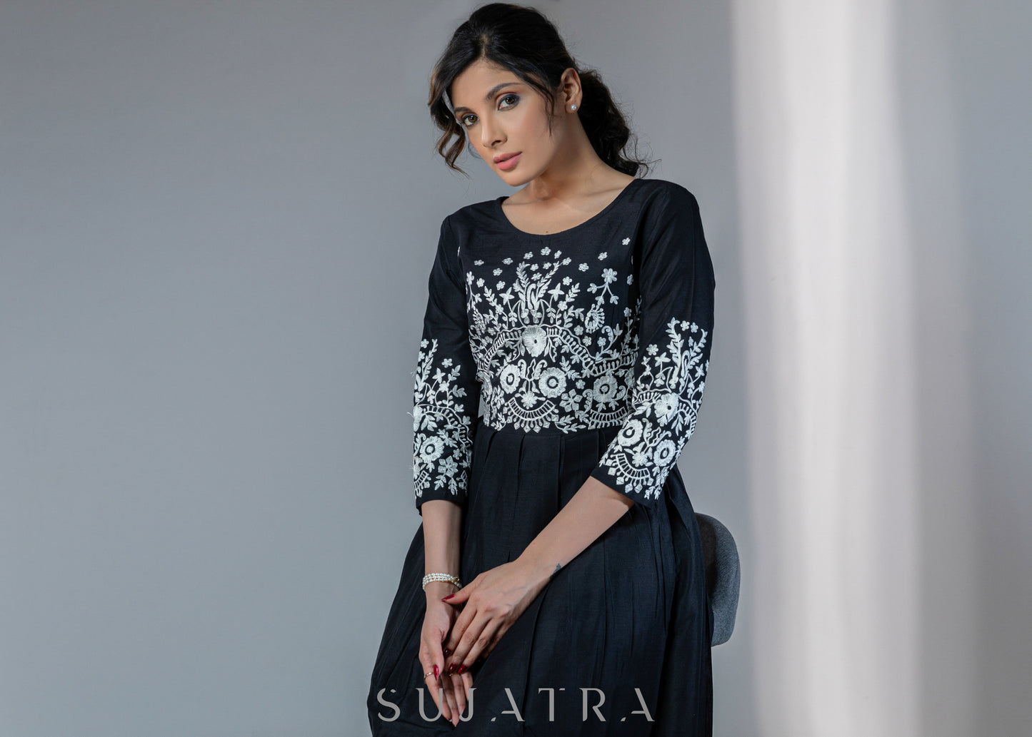 Stylish Black dress with off-white embroidery