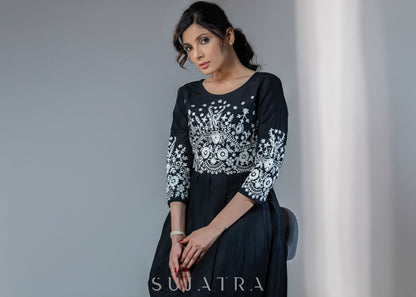 Stylish Black dress with off-white embroidery