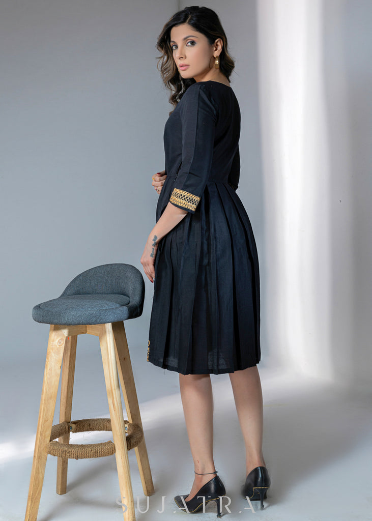Black Cotton silk dress with gold embroidery on hem & sleeves