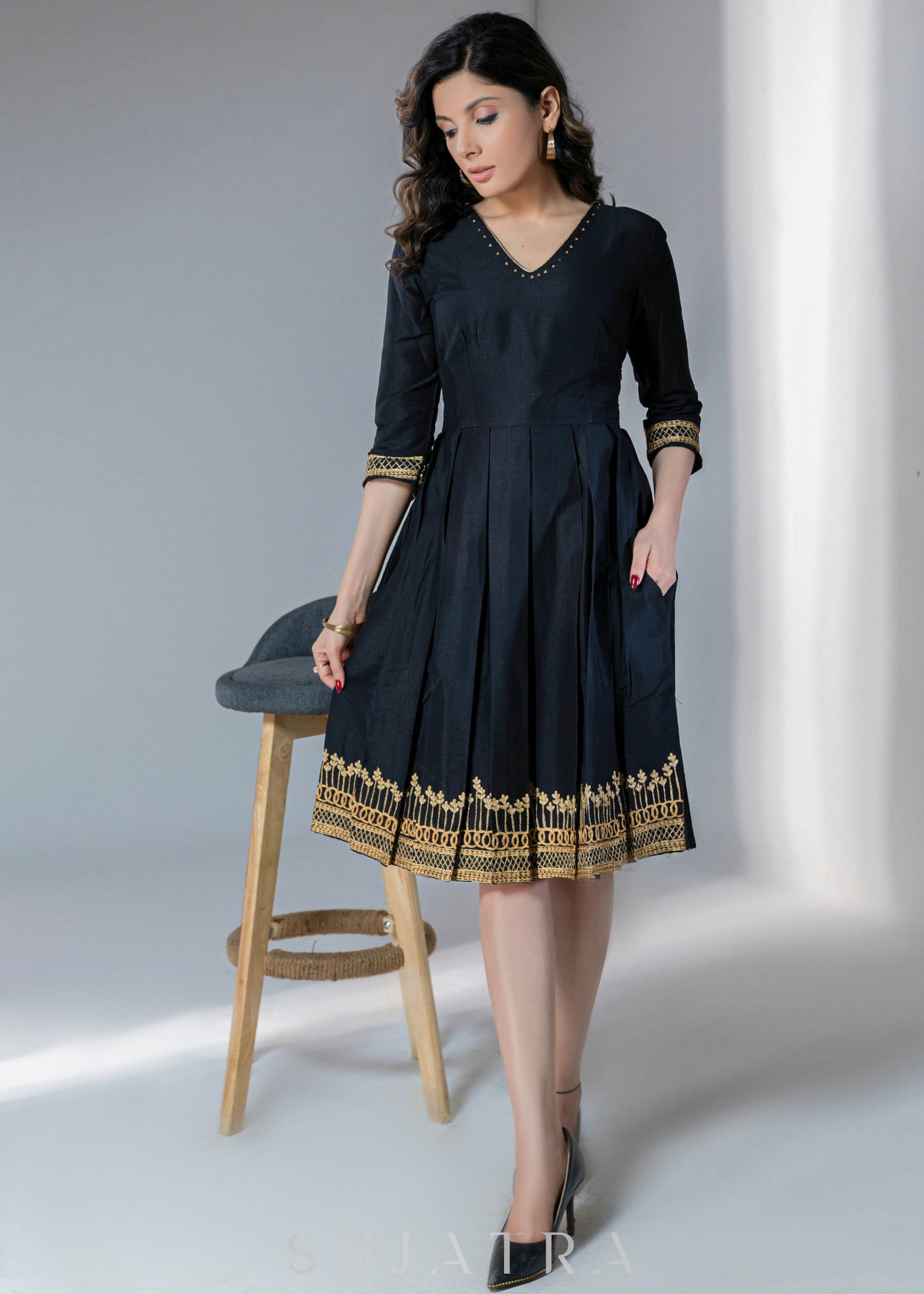Black Cotton silk dress with gold embroidery on hem & sleeves