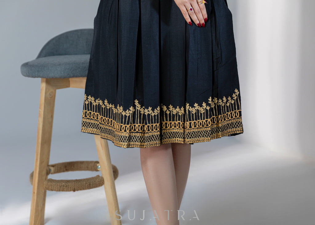 Black Cotton silk dress with gold embroidery on hem & sleeves