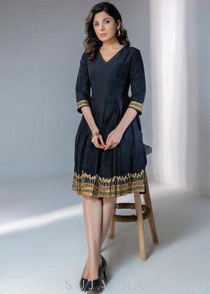 Black Cotton silk dress with gold embroidery on hem & sleeves