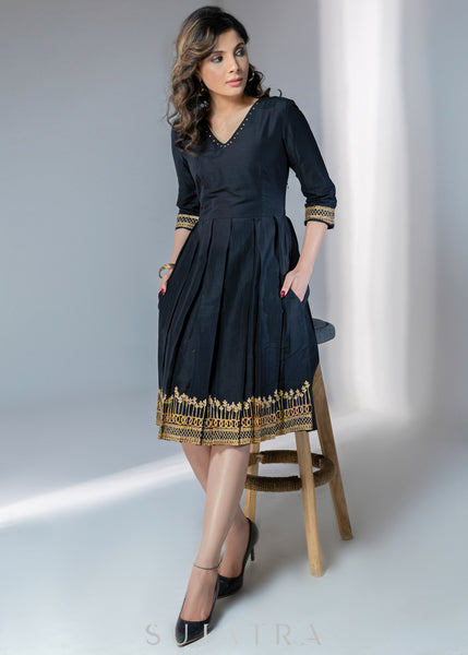 Black Cotton silk dress with gold embroidery on hem & sleeves