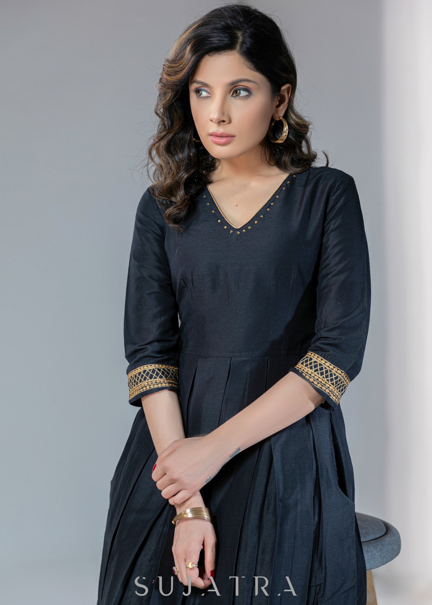 Black Cotton silk dress with gold embroidery on hem & sleeves