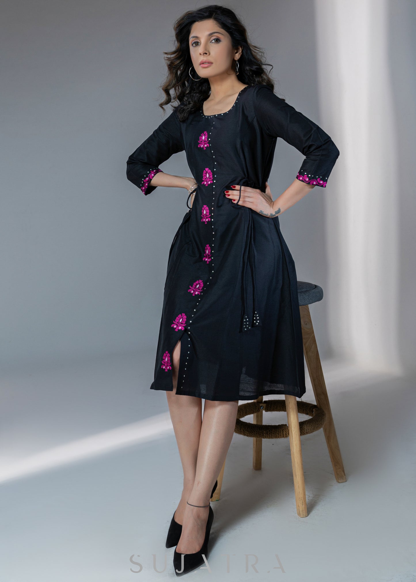 Beautiful black cotton silk A-line dress with magenta embroidery