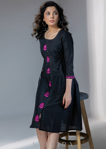 Beautiful black cotton silk A-line dress with magenta embroidery