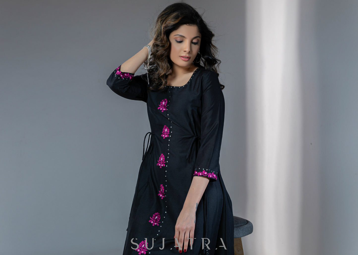 Beautiful black cotton silk A-line dress with magenta embroidery