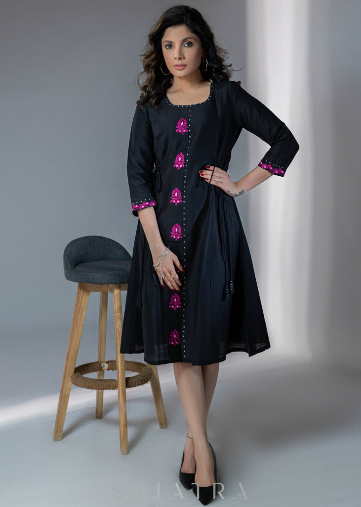 Beautiful black cotton silk A-line dress with magenta embroidery